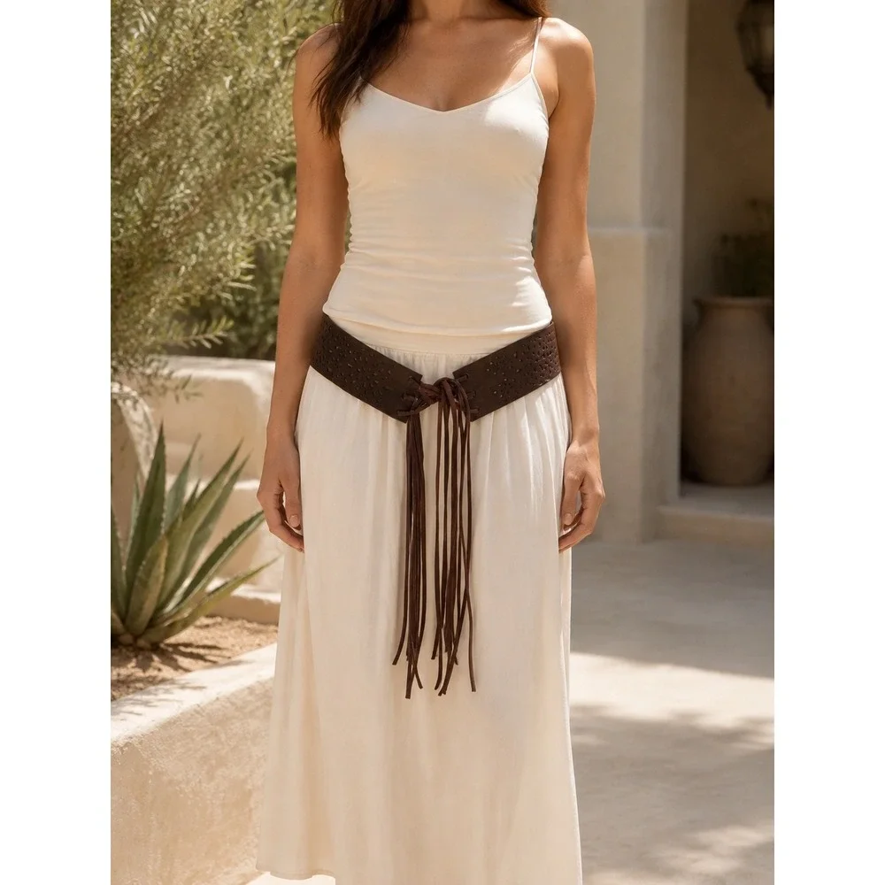 Vintage Dark Brown Leather Wide Waist Belt Laser Cut Floral Lace Up Tassel